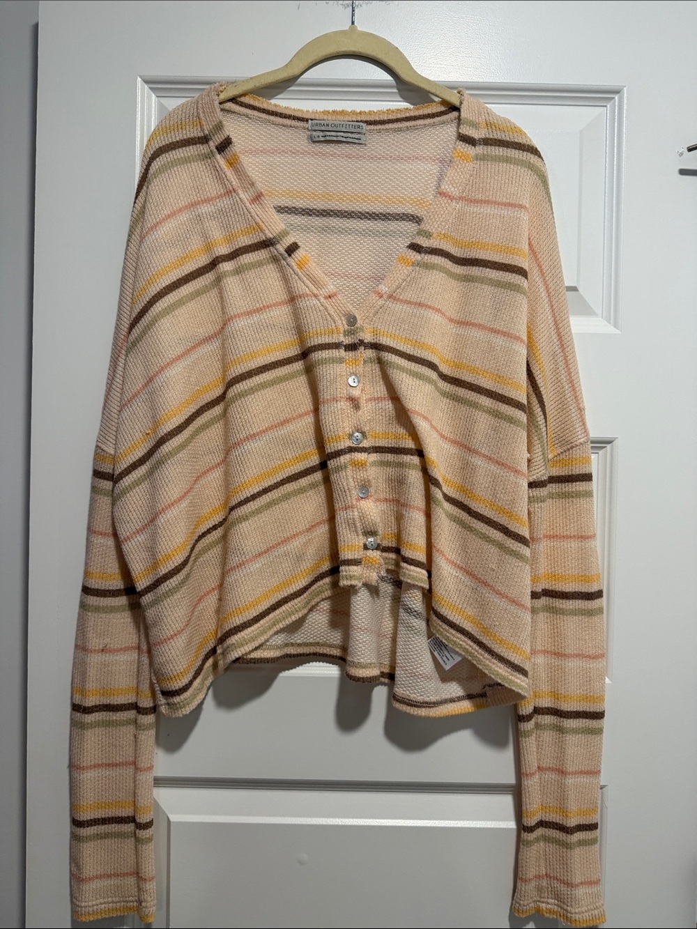Urban Outfitters Peach and Yellow Striped V-Neck Button Cardigan